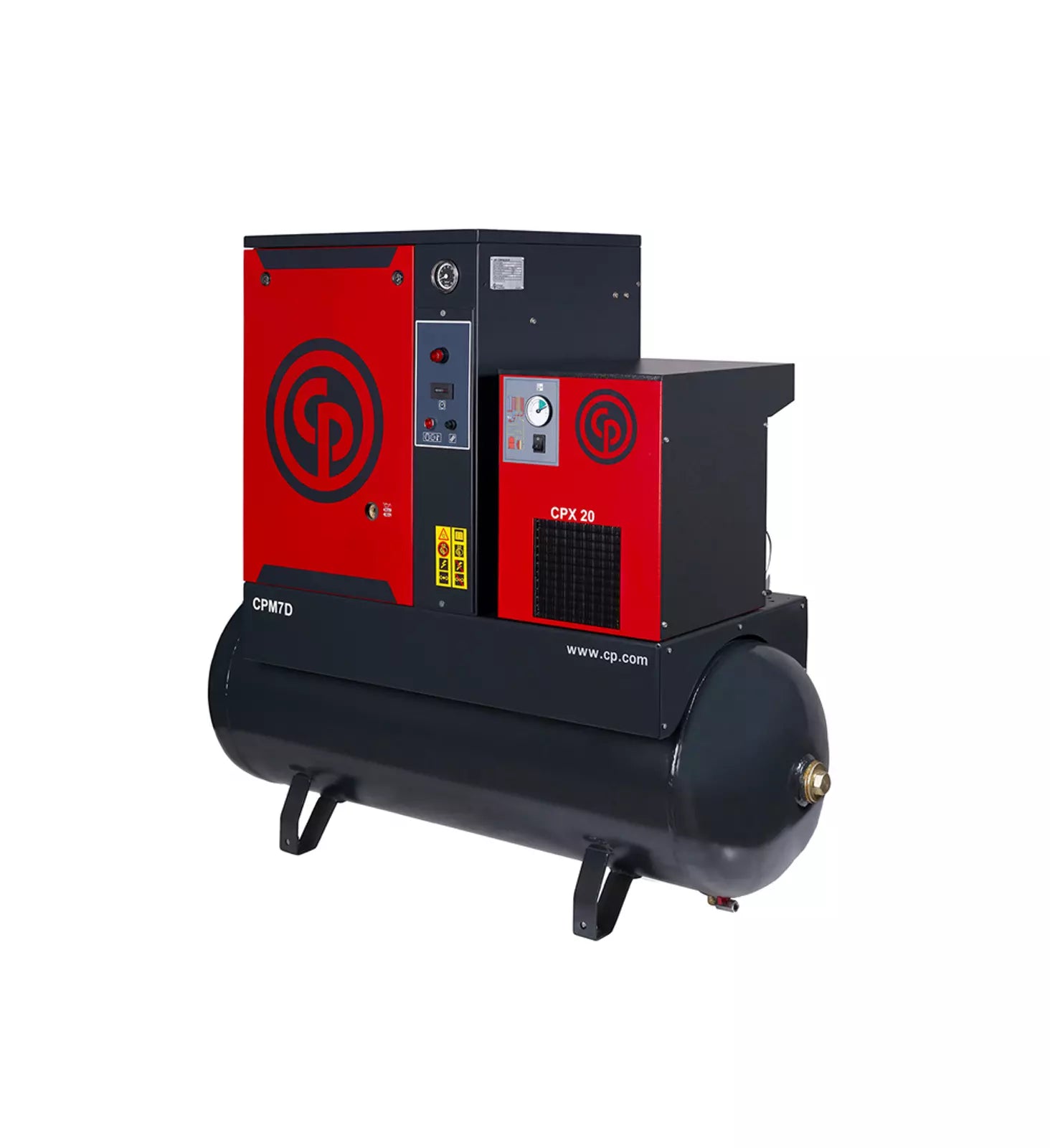 Επαγγελματικός αεροσυμπιεστής Chicago Pneumatic CPM 7,5D10 500CE με δοχείο 500 λίτρων και ενσωματωμένο αποξηραντή, αθόρυβη λειτουργία, ιδανικός για συνεργεία και βιομηχανικές εφαρμογές.